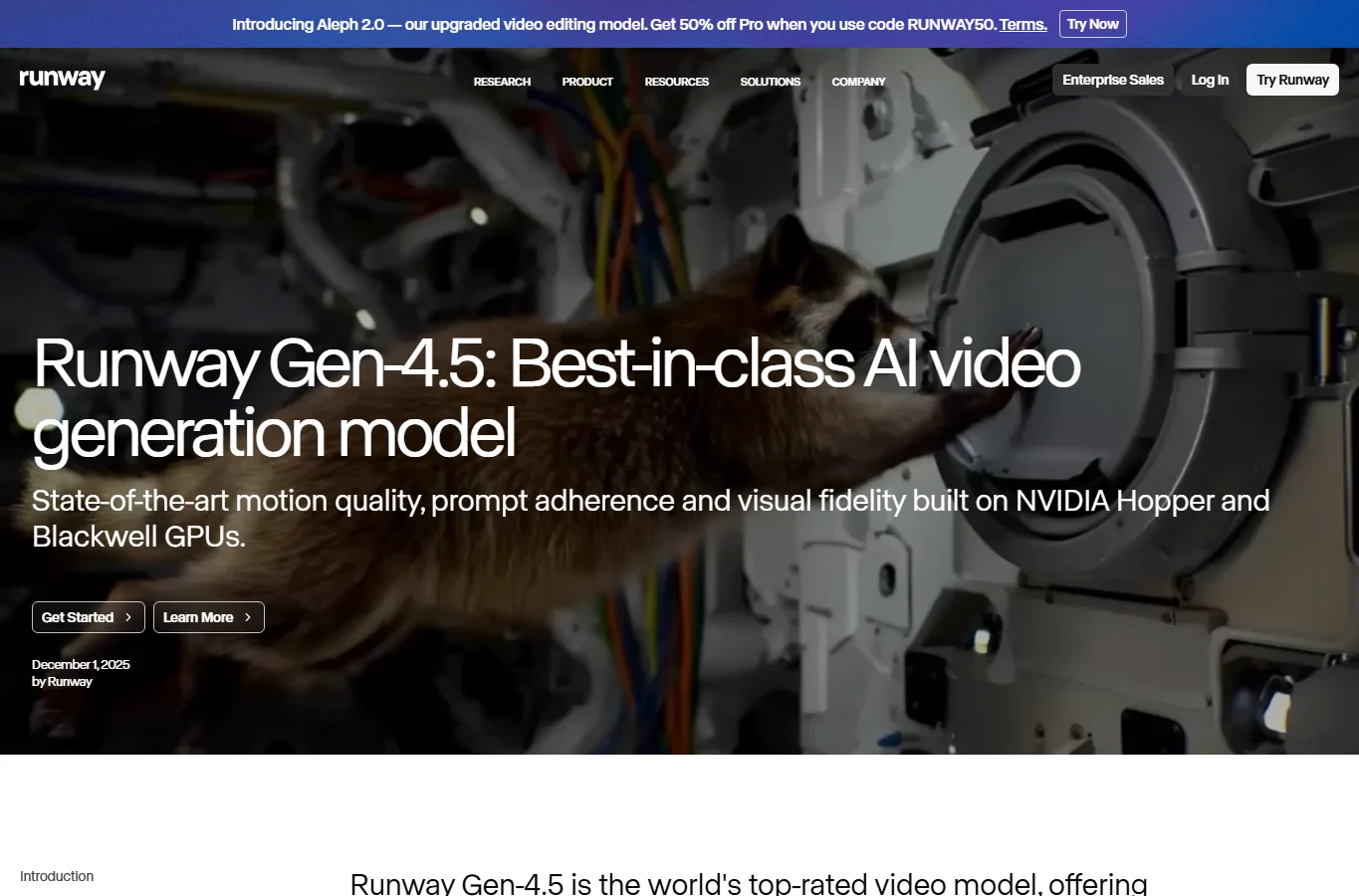 Screenshot of Runway Gen-4.5 presenting AI video generation