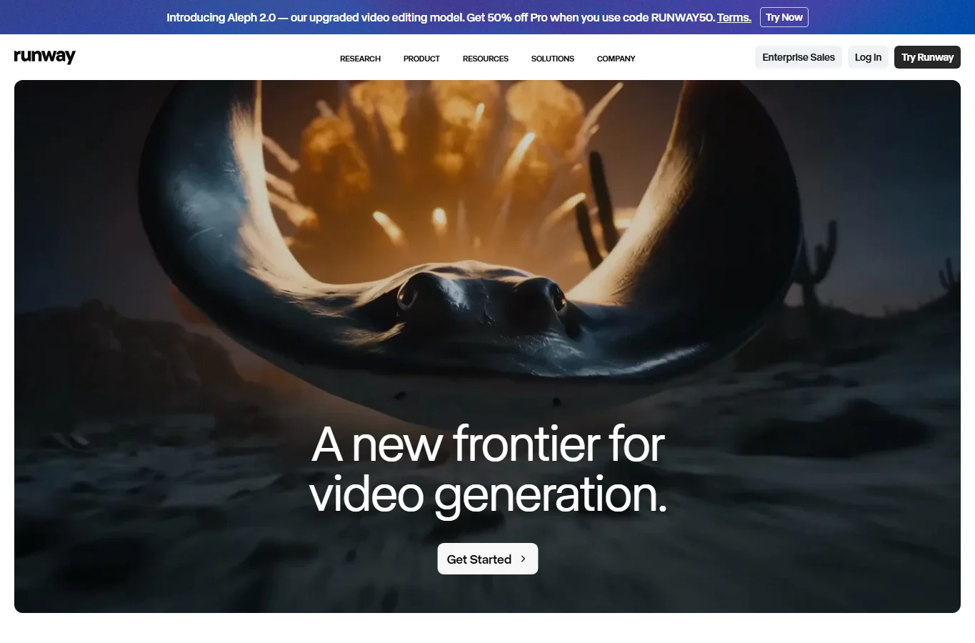 Screenshot of the Runway product page with an AI video generation example