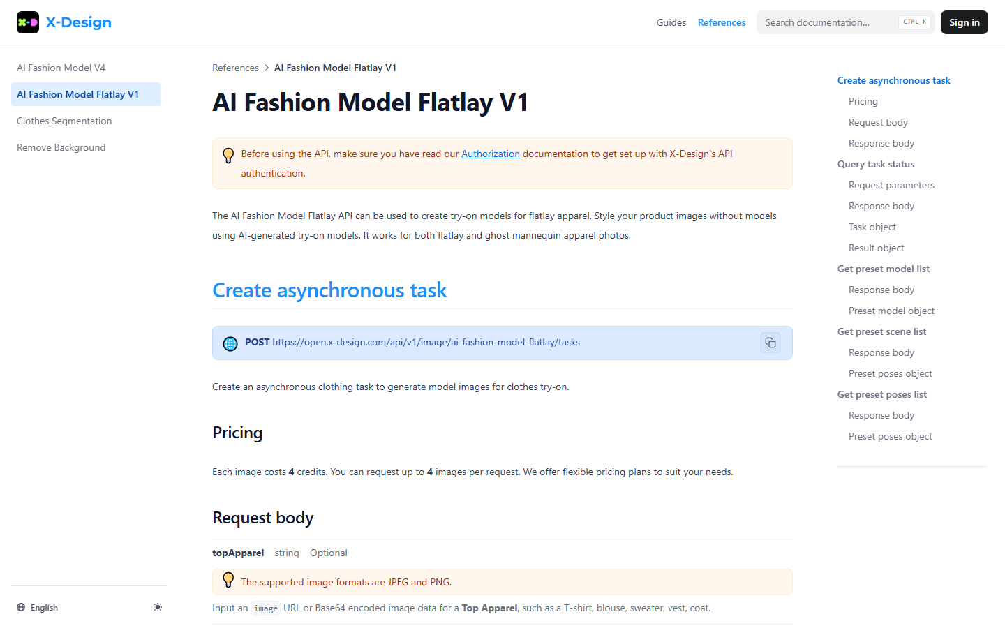 Capture publique de la documentation X-Design AI Fashion Model Flatlay V1