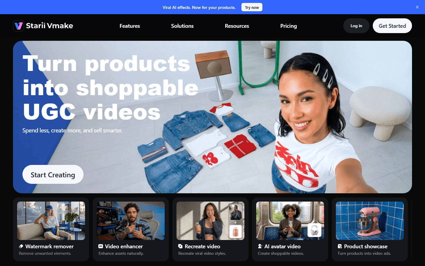 Capture publique Vmake avec le message Turn products into shoppable UGC videos