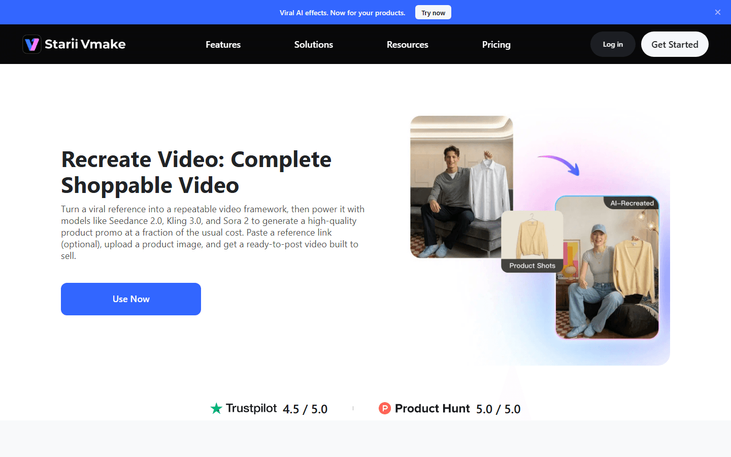 Capture publique Vmake Recreate Video avec référence vidéo et produit