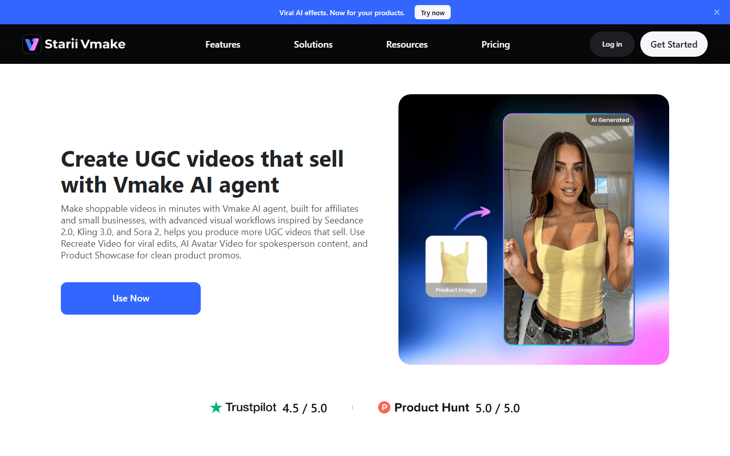 Capture publique Vmake UGC Video avec les parcours Product Showcase, AI Avatar et Recreate Video