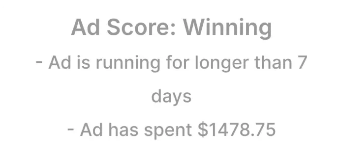 Exemple public Ad Score Winning : plus de sept jours de diffusion et 1 478,75 dollars dépensés