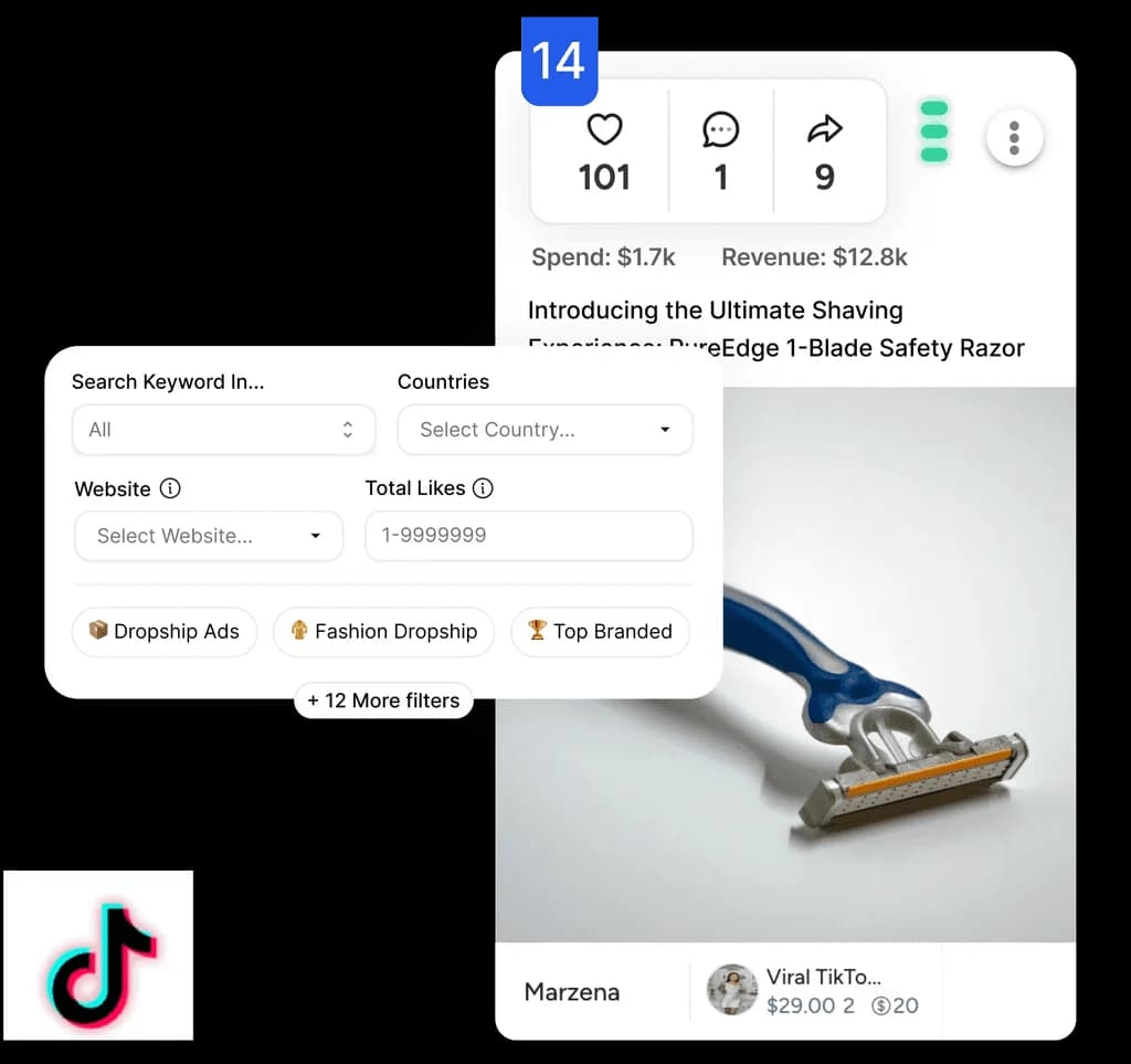Illustration officielle TikTok Ads avec filtre de likes et compteurs d'engagement