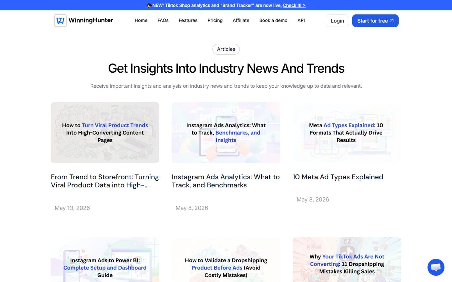 Winning Hunter blog with articles about product trends and ad analysis