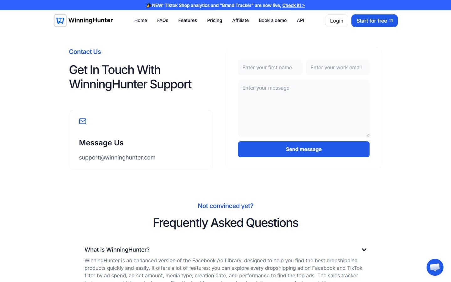 Winning Hunter FAQ with billing and feature questions