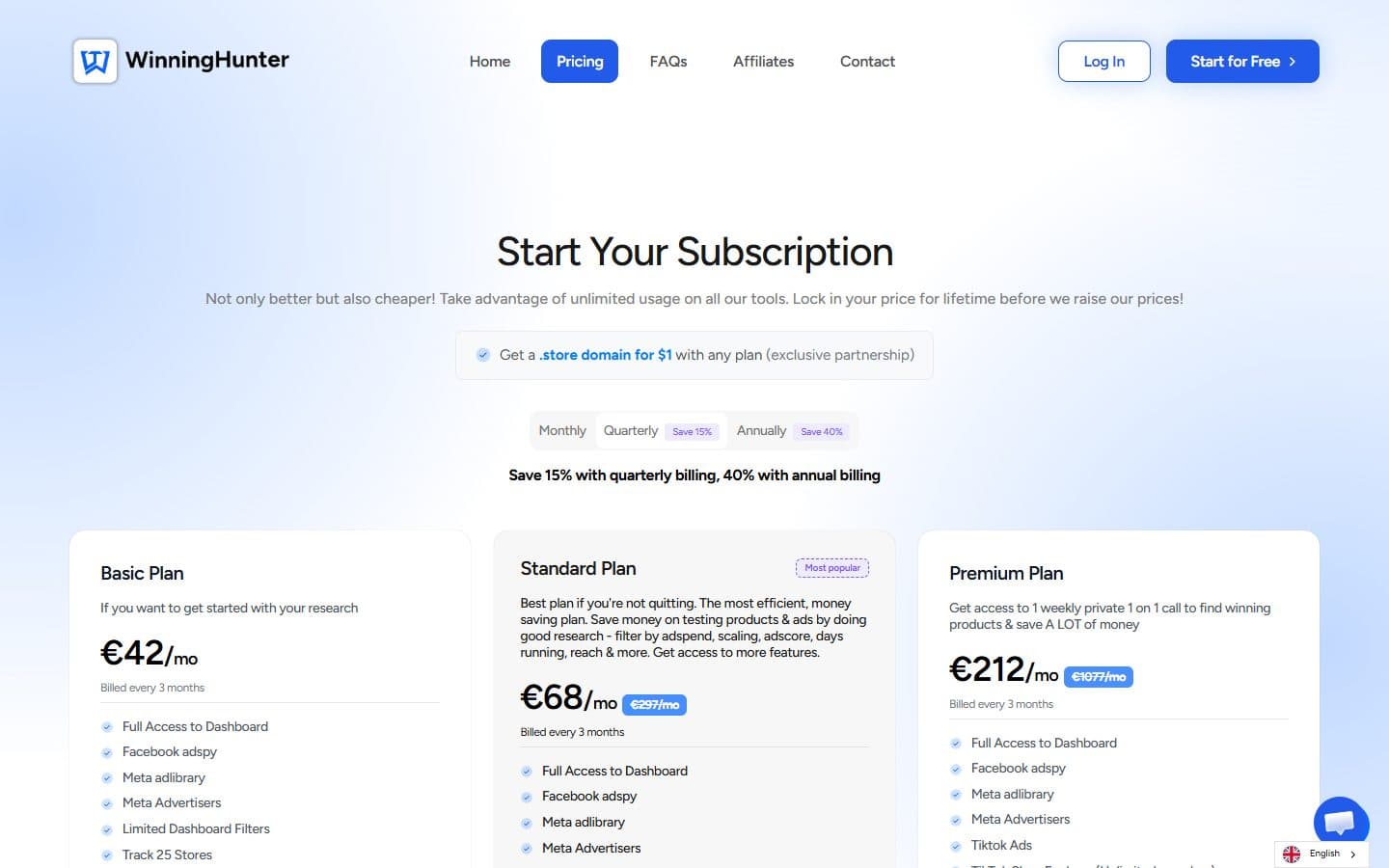 Winning Hunter pricing page with plans and feature groups